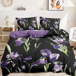 Purple Black Floral Series Duvet Cover Set King Queen Size 3-Piece Set Microfiber Bedding Set Perfect for Mother's Day Gift Super Soft Skin Friendly Long Lasting