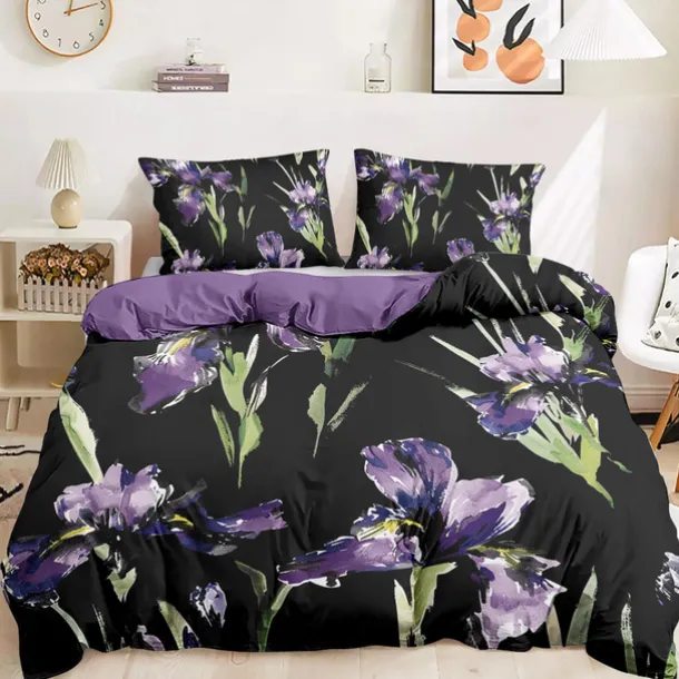 Purple Black Floral Series Duvet Cover Set King Queen Size 3-Piece Set Microfiber Bedding Set Perfect for Mother's Day Gift Super Soft Skin Friendly Long Lasting