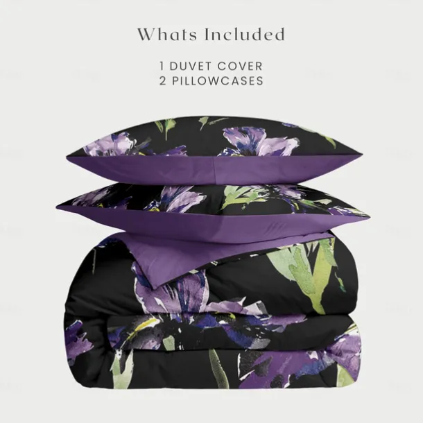 Purple Black Floral Series Duvet Cover Set King Queen Size 3-Piece Set Microfiber Bedding Set Perfect for Mother's Day Gift Super Soft Skin Friendly Long Lasting