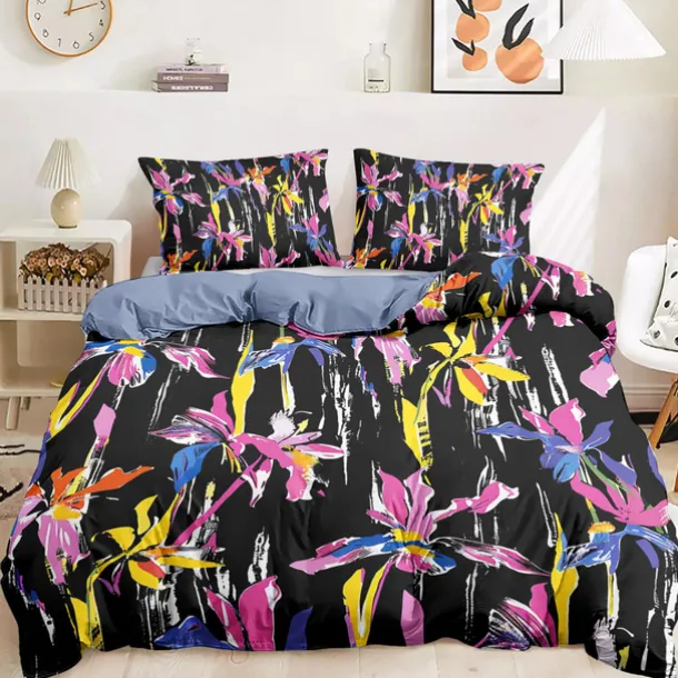 Purple Black Floral Series Duvet Cover Set King Queen Size 3-Piece Set Microfiber Bedding Set Perfect for Mother's Day Gift Super Soft Skin Friendly Long Lasting