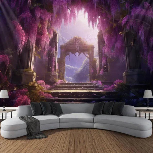 Purple Garden Hanging Tapestry Wall Art Large Tapestry Mural Decor Photograph Backdrop Blanket Curtain Home Bedroom Living Room Decoration Wisteria Flower Waterfall