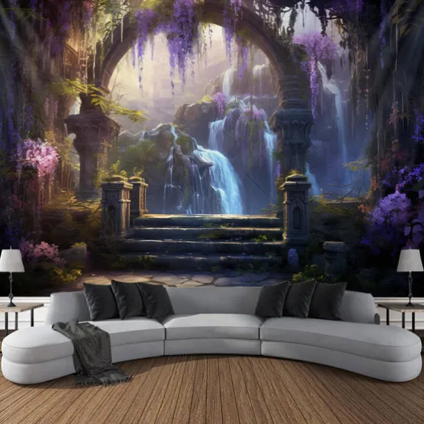 Purple Garden Hanging Tapestry Wall Art Large Tapestry Mural Decor Photograph Backdrop Blanket Curtain Home Bedroom Living Room Decoration Wisteria Flower Waterfall