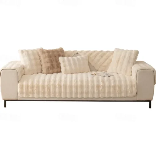 Rabbit Plush Mesh Red Sofa Cushion, Winter Thickened Plush Cushion, Non Slip Leather Sofa Cover, Cloth Towel