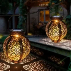 Ramadan Eid Lights Solar Lights Outdoor Hanging Solar Vintage Garden Lamp Retro Lanterns Hollow Solar Lights With Handle For Yard Tree Fence Patio Landscape Garland Lighting