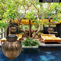 Ramadan Eid Lights Solar Lights Outdoor Hanging Solar Vintage Garden Lamp Retro Lanterns Hollow Solar Lights With Handle For Yard Tree Fence Patio Landscape Garland Lighting