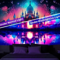 Ramadan Mosque Blacklight Tapestry UV Reactive Glow in the Dark Trippy Misty Nature Landscape Hanging Tapestry Wall Art Mural for Living Room Bedroom
