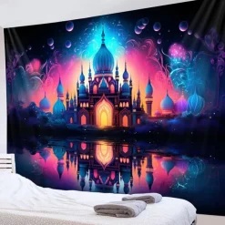 Ramadan Mosque Blacklight Tapestry UV Reactive Glow in the Dark Trippy Misty Nature Landscape Hanging Tapestry Wall Art Mural for Living Room Bedroom