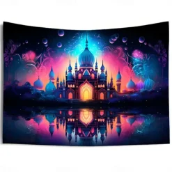 Ramadan Mosque Blacklight Tapestry UV Reactive Glow in the Dark Trippy Misty Nature Landscape Hanging Tapestry Wall Art Mural for Living Room Bedroom