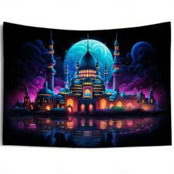 Ramadan Mosque Blacklight Tapestry UV Reactive Glow in the Dark Trippy Misty Nature Landscape Hanging Tapestry Wall Art Mural for Living Room Bedroom
