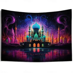 Ramadan Mosque Blacklight Tapestry UV Reactive Glow in the Dark Trippy Misty Nature Landscape Hanging Tapestry Wall Art Mural for Living Room Bedroom