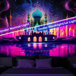 Ramadan Mosque Blacklight Tapestry UV Reactive Glow in the Dark Trippy Misty Nature Landscape Hanging Tapestry Wall Art Mural for Living Room Bedroom