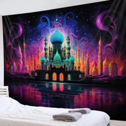 Ramadan Mosque Blacklight Tapestry UV Reactive Glow in the Dark Trippy Misty Nature Landscape Hanging Tapestry Wall Art Mural for Living Room Bedroom