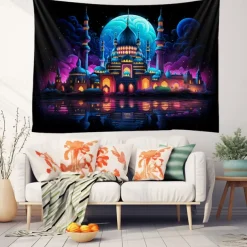 Ramadan Mosque Blacklight Tapestry UV Reactive Glow in the Dark Trippy Misty Nature Landscape Hanging Tapestry Wall Art Mural for Living Room Bedroom