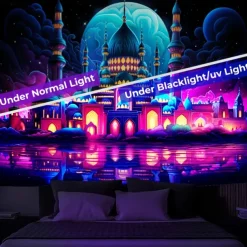 Ramadan Mosque Blacklight Tapestry UV Reactive Glow in the Dark Trippy Misty Nature Landscape Hanging Tapestry Wall Art Mural for Living Room Bedroom