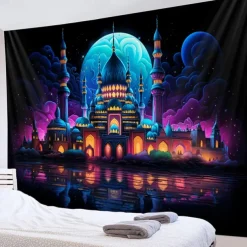 Ramadan Mosque Blacklight Tapestry UV Reactive Glow in the Dark Trippy Misty Nature Landscape Hanging Tapestry Wall Art Mural for Living Room Bedroom