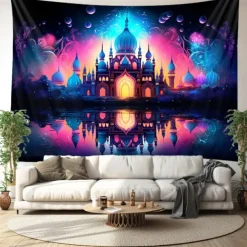 Ramadan Mosque Blacklight Tapestry UV Reactive Glow in the Dark Trippy Misty Nature Landscape Hanging Tapestry Wall Art Mural for Living Room Bedroom
