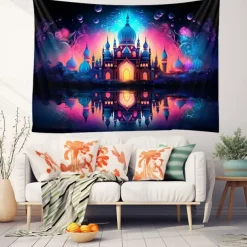 Ramadan Mosque Blacklight Tapestry UV Reactive Glow in the Dark Trippy Misty Nature Landscape Hanging Tapestry Wall Art Mural for Living Room Bedroom