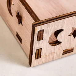 Ramadan Wooden Storage Box Tray – Star & Moon Laser Cut Design, Eid al-Fitr & Eid Celebration Table Organizer, Muslim Festival Decorative Basket