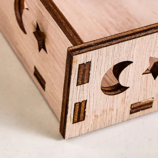 Ramadan Wooden Storage Box Tray – Star & Moon Laser Cut Design, Eid al-Fitr & Eid Celebration Table Organizer, Muslim Festival Decorative Basket
