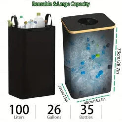 Recycling Bin Set with Removable Storage Bag, 26 Gallon / 100L Foldable Bottle Recycling Station for Glass, Paper, Plastic, Cans and Metal, Large Capacity Waste Sorting Container for Home or Kitchen