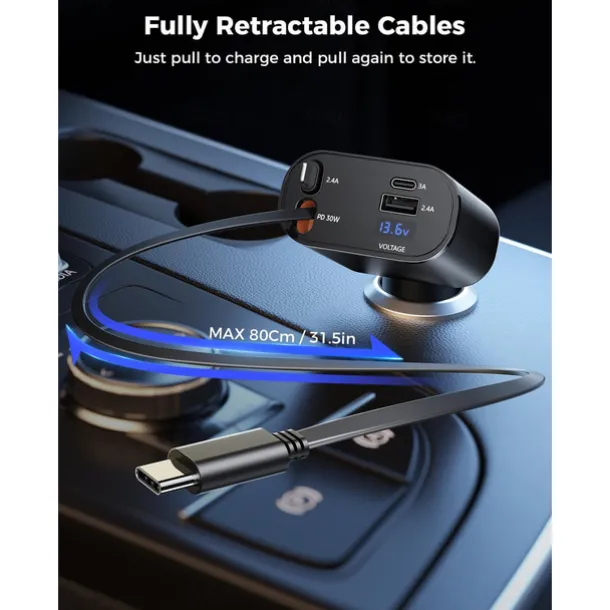 Retractable Car Charger 4 in 1 Fast Car Phone Charger Adapter with Type C & Apple Cords Compatible with iPhone 16/15/14/13/12/11, Galaxy, Pixel