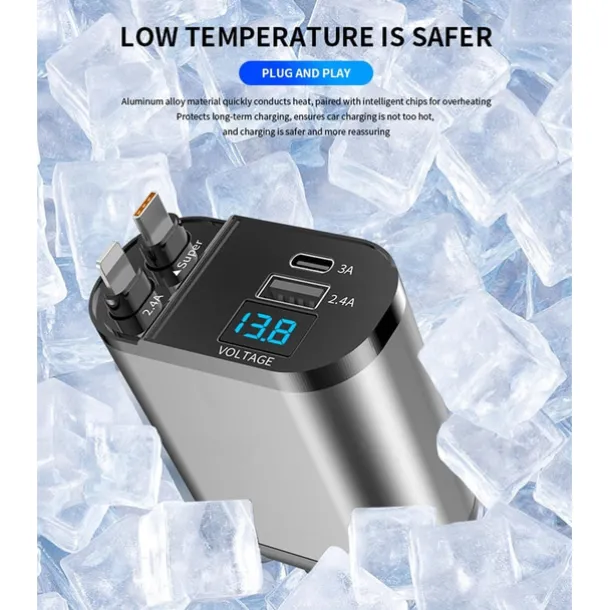 Retractable Car Charger 4 in 1 Fast Car Phone Charger Adapter with Type C & Apple Cords Compatible with iPhone 16/15/14/13/12/11, Galaxy, Pixel