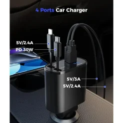 Retractable Car Charger 4 in 1 Fast Car Phone Charger Adapter with Type C & Apple Cords Compatible with iPhone 16/15/14/13/12/11, Galaxy, Pixel