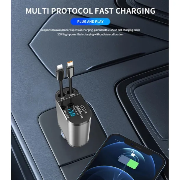 Retractable Car Charger 4 in 1 Fast Car Phone Charger Adapter with Type C & Apple Cords Compatible with iPhone 16/15/14/13/12/11, Galaxy, Pixel
