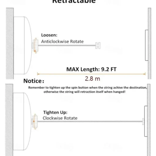 Retractable Clothesline SUS304 Stainless Steel Clothes Dryer with Adjustable Stainless Steel Rope String Hotel Style Heavy Duty,2.8M（9.2 Feets）,Polished Chrome Finish