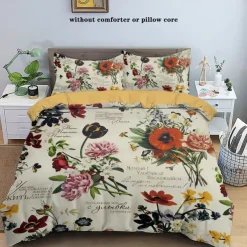 Retro Painted Floral Print 3-Piece Duvet Cover Set for Summer Soft Skin Friendly Long Lasting for Hotel Bedroom Guest Room Bedding Comfy Set