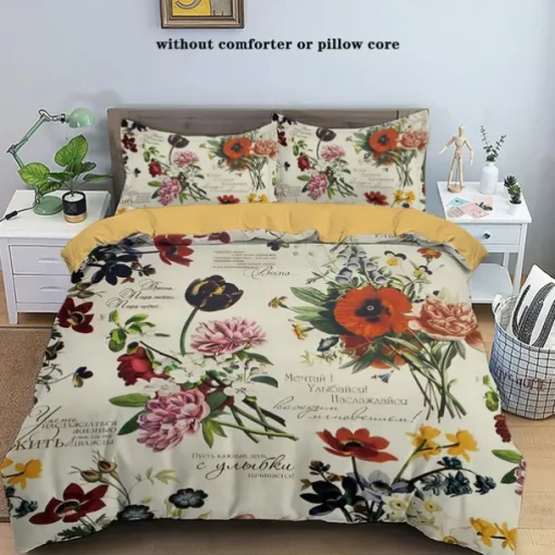 Retro Painted Floral Print 3-Piece Duvet Cover Set for Summer Soft Skin Friendly Long Lasting for Hotel Bedroom Guest Room Bedding Comfy Set