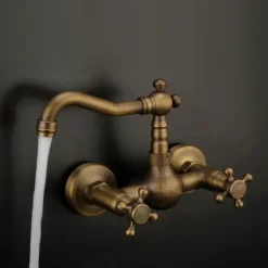 Retro Style Utility Sink Black Laundry Faucet, Wall Mount High Arc Two Handles Two Holes Wash Basin Tap with Hot and Cold Water Hoses, Laundry Tub Pot Filler Commercial Faucet, Ceramic Valve Included