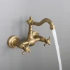 Retro Style Utility Sink Laundry Faucet, Wall Mount Long Spout Two Handles Two Holes Wash Basin Tap with Hot and Cold Water Hoses, Laundry Tub Pot Filler Commercial Faucet in Antique Brass