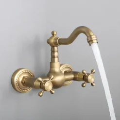 Retro Style Utility Sink Laundry Faucet, Wall Mount Long Spout Two Handles Two Holes Wash Basin Tap with Hot and Cold Water Hoses, Laundry Tub Pot Filler Commercial Faucet in Antique Brass