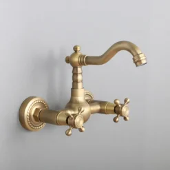 Retro Style Utility Sink Laundry Faucet, Wall Mount Long Spout Two Handles Two Holes Wash Basin Tap with Hot and Cold Water Hoses, Laundry Tub Pot Filler Commercial Faucet in Antique Brass