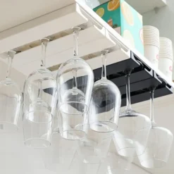 Riipoo Wine Glass Rack Hanger Under Cabinet, Wine Glass Holder Under Shelf, Stemware Rack Black for Cabinet, 2-Pack