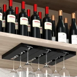 Riipoo Wine Glass Rack Hanger Under Cabinet, Wine Glass Holder Under Shelf, Stemware Rack Black for Cabinet, 2-Pack