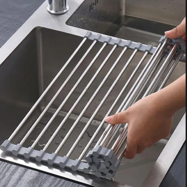 Roll Up Dish Rack, Stainless Steel Drying Drainer Over The Kitchen Sink, Foldable Rolling Rack Grey for Dishes Cups Fruits Forks