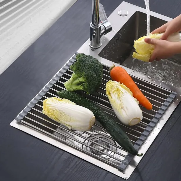 Roll Up Dish Rack, Stainless Steel Drying Drainer Over The Kitchen Sink, Foldable Rolling Rack Grey for Dishes Cups Fruits Forks