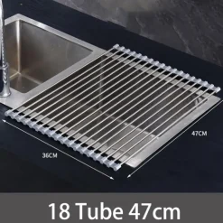 Roll Up Dish Rack, Stainless Steel Drying Drainer Over The Kitchen Sink, Foldable Rolling Rack Grey for Dishes Cups Fruits Forks