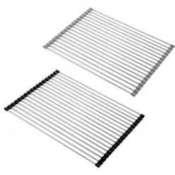 Roll Up Dish Rack, Stainless Steel Drying Drainer Over The Kitchen Sink, Foldable Rolling Rack Grey for Dishes Cups Fruits Forks