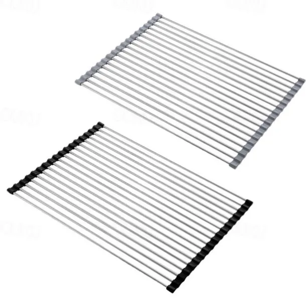 Roll Up Dish Rack, Stainless Steel Drying Drainer Over The Kitchen Sink, Foldable Rolling Rack Grey for Dishes Cups Fruits Forks