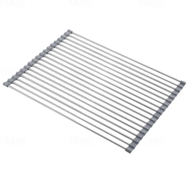 Roll Up Dish Rack, Stainless Steel Drying Drainer Over The Kitchen Sink, Foldable Rolling Rack Grey for Dishes Cups Fruits Forks