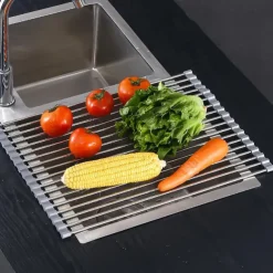 Roll Up Dish Rack, Stainless Steel Drying Drainer Over The Kitchen Sink, Foldable Rolling Rack Grey for Dishes Cups Fruits Forks
