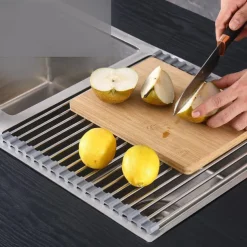 Roll Up Dish Rack, Stainless Steel Drying Drainer Over The Kitchen Sink, Foldable Rolling Rack Grey for Dishes Cups Fruits Forks