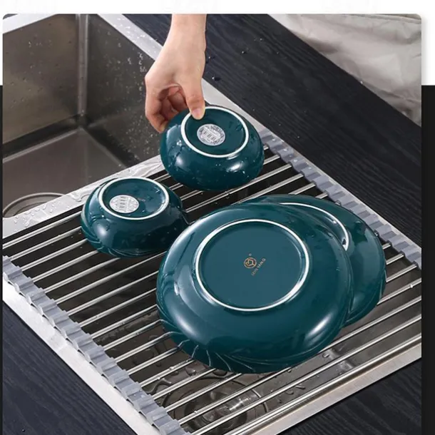 Roll Up Dish Rack, Stainless Steel Drying Drainer Over The Kitchen Sink, Foldable Rolling Rack Grey for Dishes Cups Fruits Forks