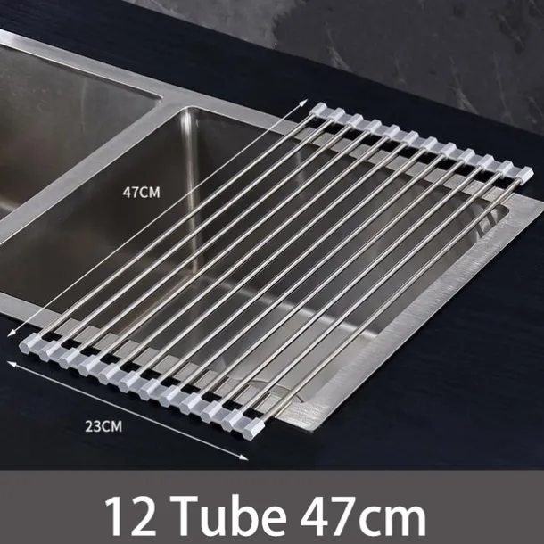 Roll Up Dish Rack, Stainless Steel Drying Drainer Over The Kitchen Sink, Foldable Rolling Rack Grey for Dishes Cups Fruits Forks