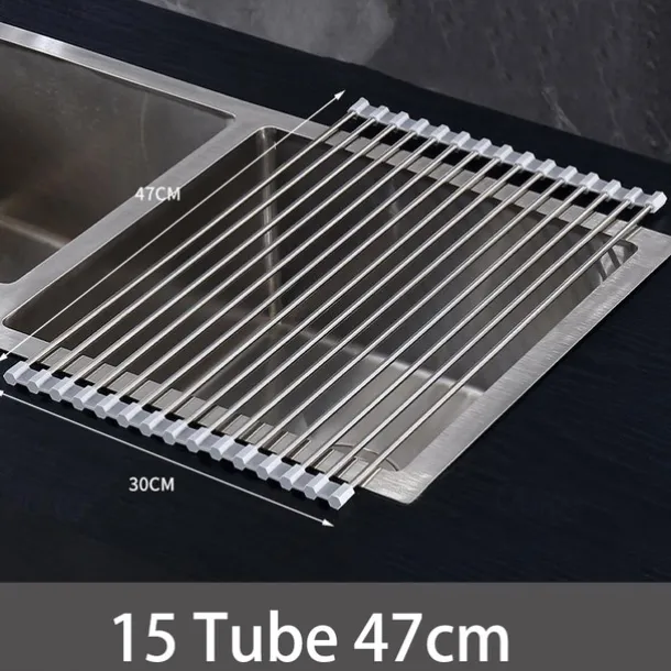 Roll Up Dish Rack, Stainless Steel Drying Drainer Over The Kitchen Sink, Foldable Rolling Rack Grey for Dishes Cups Fruits Forks