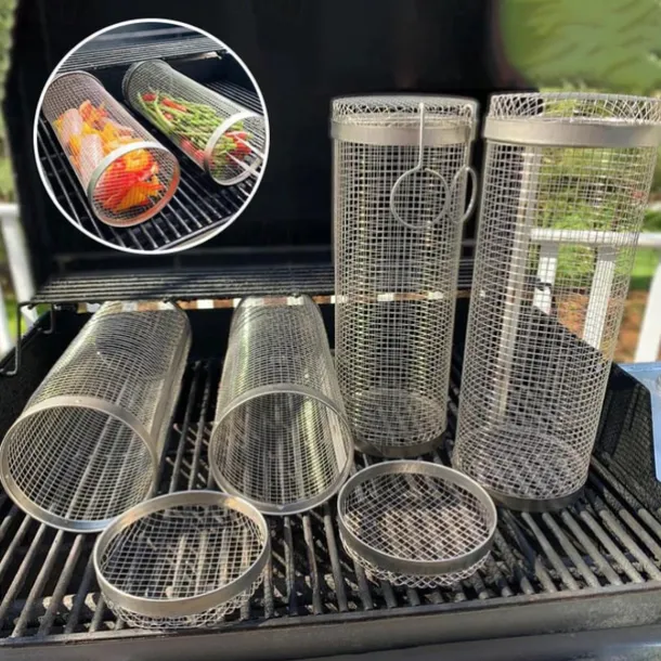 Rolling Grill Basket - SUS304 Stainless Steel Barbecue Cooking Grill Grate - Outdoor Round BBQ Campfire Grill Grid - Camping Picnic Cookware