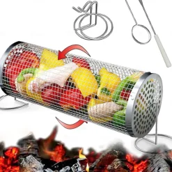 Rolling Grill Basket with Fixed Base Rotatable BBQ Vegetable Grill Basket Stainless Steel BBQ Grilling Mesh Basket for Outdoor Grill Fish Veggies Shrimp Rotisserie Fries Camping Portable BBQ